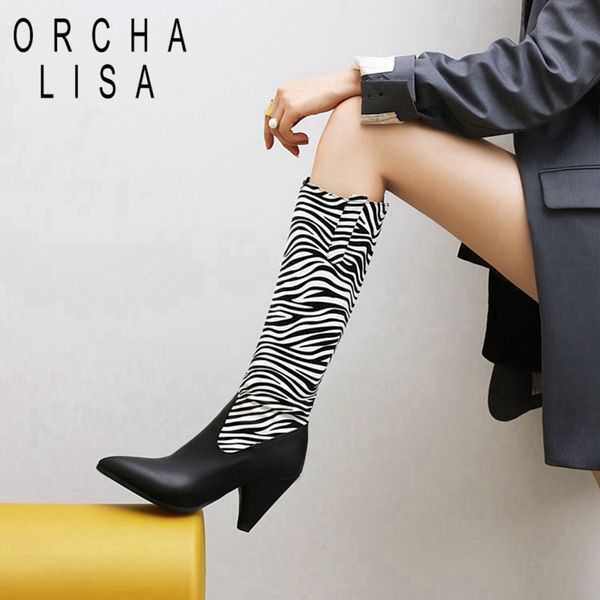 orchalisa winter knee-high boots pointed toe chunky heels pu slip-on patchwork slouchy big size 34-48 zebra leopard casual c2034, Black